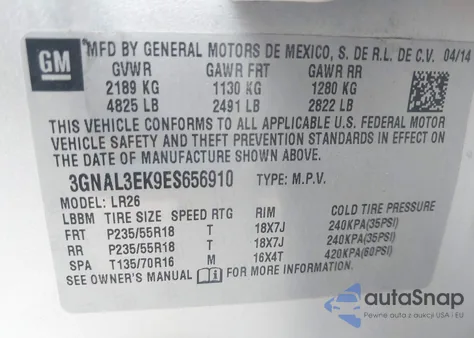 2014 Chevrolet Captiva Sport Lt z USA, uszkodzony, nr VIN 3GNAL3EK9ES656910